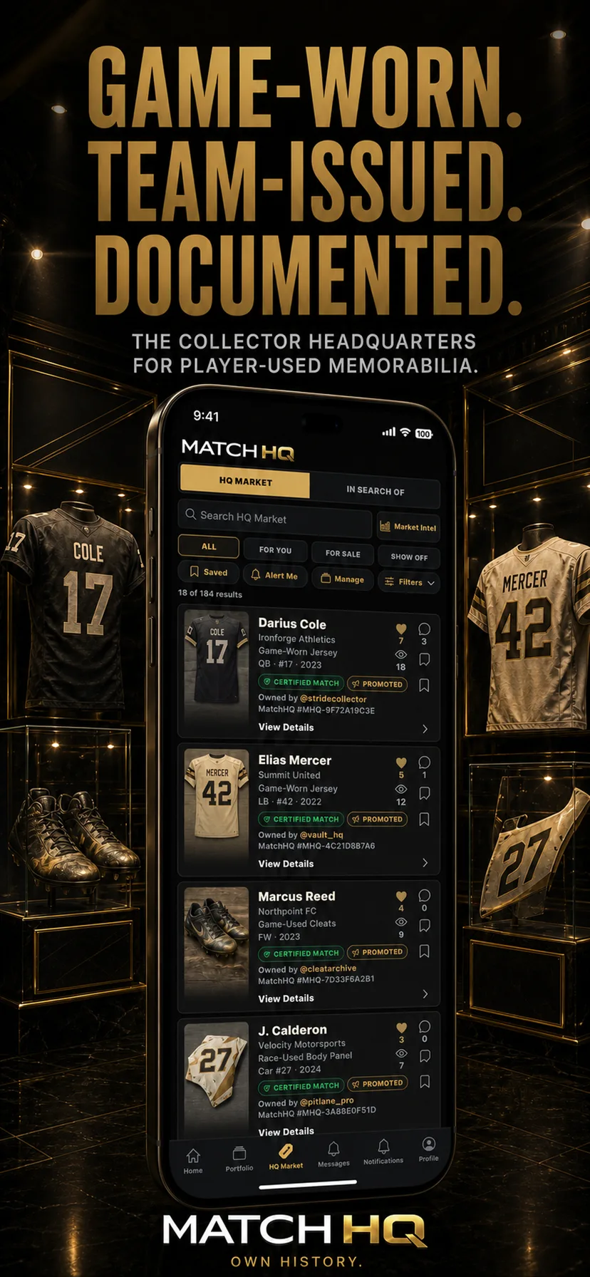 MatchHQ App Store preview showing documented game-worn memorabilia
